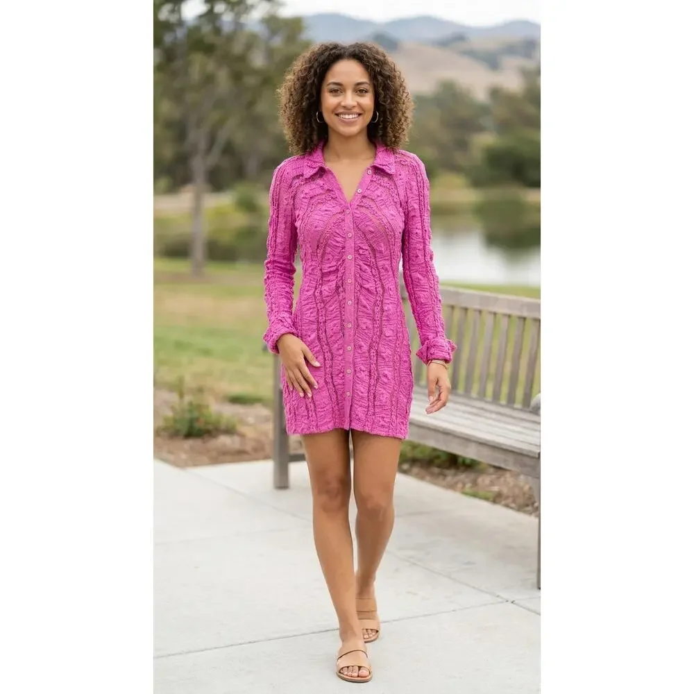Free People Metal Pink Collared Mini Ruffle Knit Dress Women Size S
